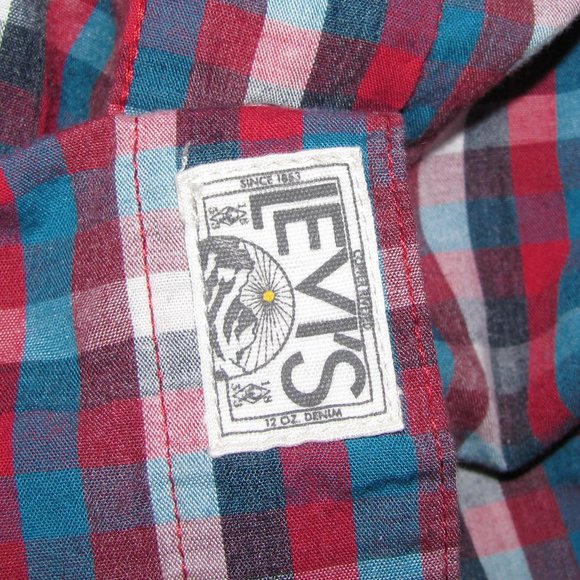 Mens' Levi's Pearl Snap Western Red White Blue Plaid Long Sleeve Shirt Small - Picture 9 of 10